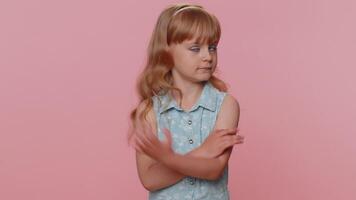 Displeased dissatisfied upset child girl shake head No, dismiss unpleasant idea, dont like proposal video