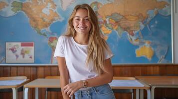 Handsome blonde German teenage school girl, smiling and posing in front of her desk at the back row inside the classroom with world maps on the wall, wearing jeans and a white t-shirt photo