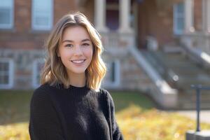 Adorable and lovely female teenager smiling at the camera, with an open and friendly expression in front of campus stairs building, wearing a black sweater, with blonde shoulder-length hair photo