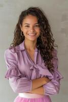 Lovely Brazilian lady in her thirties wearing a lilac blouse and a pink skirt with her arms crossed on her chest, smiling at the camera against a neutral background. photo