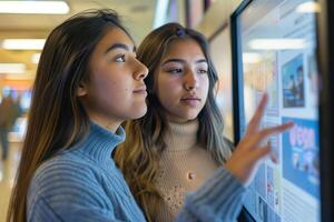 Two young Hispanic teenage women standing in front of an interactive touch screen in the school, teaching them self. Technology and digitally at classroom concept photo