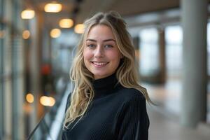 adorable y encantador femenino, Adolescente estudiante con rubia cabello. el Chica de escuela vistiendo un negro suéter sonriente en el colegio pasillo foto