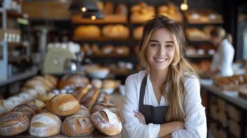 Gorgeous German female bakery owner, businesswoman posing in front of her modern bakery shop, leaning on the counter of her workplace with many loaves of bread behind it. photo