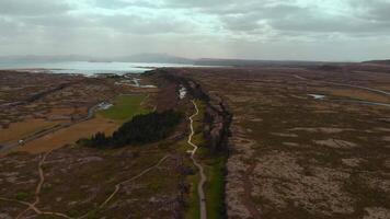 Rift in Thingvellir National Park Iceland drone video