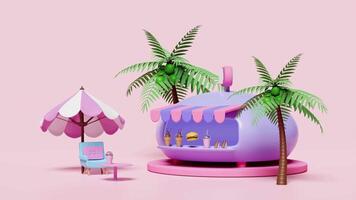 Beach shop, beach elements, umbrella, palm tree, on pink background.3d rendering. video