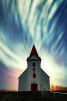 white wooden church in front of a northern lights photo