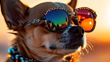 Chihuahua dog with sunglasses on beach. photo