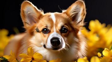 Corgi posing in studio against yellow backdrop. photo