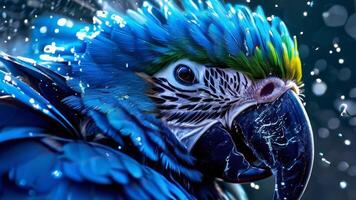 Vibrant macaw flies through powder cloud. photo