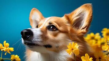 Friendly Corgi photographed in studio on yellow. photo