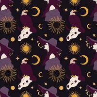 Seamless pattern with hand-drawn elements in boho style. Endless ornament with witch, stars, skull and bird. Mystical wild west background. vector