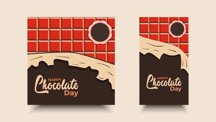 Happy chocolate day. Social media template design with melted illustration of torn square chocolate packaging