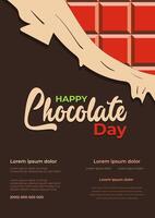 contento chocolate día. póster modelo diseño con Derretido ilustración de Rasgado cuadrado chocolate embalaje vector