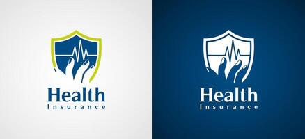 Health insurance shield logo design with heartbeat symbol vector