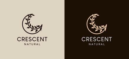 creciente Luna logo diseño con natural hoja línea símbolo vector