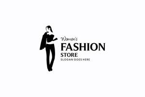 Women's clothing suit logo design with jacket carried on the shoulder, women's formal fashion logo vector