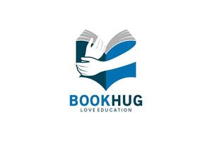 Book hugging logo, illustration of hands hugging a book for educational design vector