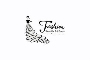 Women's long dress fashion logo design with abstract hand drawn fabric model vector