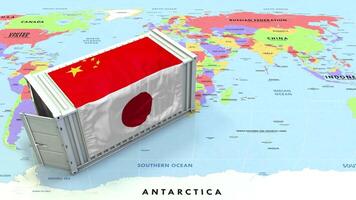 Japão e China bandeira em Remessa recipiente com mundo mapa, comércio relações, importar e exportar, 3d Renderização video