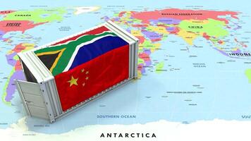 South Africa and China Flag on Shipping Container with World Map, Trade Relations, Import and Export, 3D Rendering video