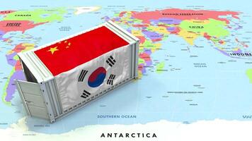 sul Coréia e China bandeira em Remessa recipiente com mundo mapa, comércio relações, importar e exportar, 3d Renderização video