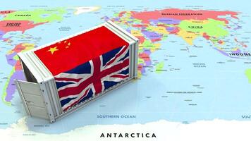 China e Unidos reino bandeira em Remessa recipiente com mundo mapa, comércio relações, importar e exportar, 3d Renderização video
