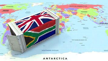 Sud Africa e unito regno bandiera su spedizione contenitore con mondo carta geografica, commercio relazioni, importare e esportare, 3d interpretazione video