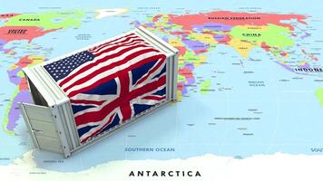 unido estados y unido Reino bandera en Envío envase con mundo mapa, comercio relaciones, importar y exportar, 3d representación video