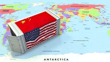 China y unido estados bandera en Envío envase con mundo mapa, comercio relaciones, importar y exportar, 3d representación video