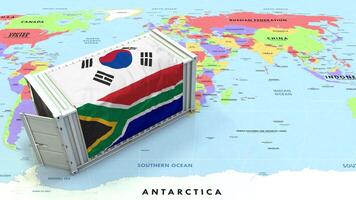 sul África e sul Coréia bandeira em Remessa recipiente com mundo mapa, comércio relações, importar e exportar, 3d Renderização video