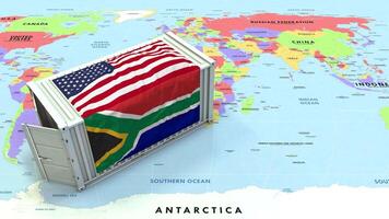 sur África y unido estados bandera en Envío envase con mundo mapa, comercio relaciones, importar y exportar, 3d representación video