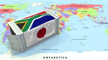 sul África e Japão bandeira em Remessa recipiente com mundo mapa, comércio relações, importar e exportar, 3d Renderização video