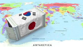 South Korea and Japan Flag on Shipping Container with World Map, Trade Relations, Import and Export, 3D Rendering video