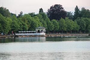 Bregenz, Austria with gazebo pavilion at lake constance photo