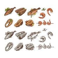 Hand-drawn sketch of barbecue fish and pieces of barbecue salmon steaks, prawns, shrimps. Doodle vintage illustration. Decorations for the menu of cafes and labels. vector