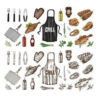 A set of hand-drawn sketches of barbecue and picnic elements, apron, barbecue grill, tools, grilled fish, fish steaks. For the design of menu of cafes. Doodle vintage illustration. vector