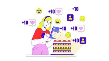 Dessert influencer woman line 2D animation. Blonde female taking of cake 4K motion graphic. Food styling. Social media popularity linear animated cartoon flat concept, white background video