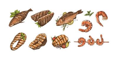 Hand-drawn colored sketch of barbecue fish and pieces of barbecue salmon steaks, prawns, shrimps. Doodle vintage illustration. Decorations for the menu of cafes and labels. vector