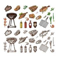 A set of hand-drawn sketches of barbecue and picnic elements, barbecue grill, tools, grilled fish, fish steaks. For the design of menu of cafes. Doodle vintage illustration. vector