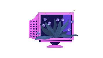 windbloemen Aan oud computer toezicht houden op lijn 2d animatie. nieuw leven van wijnoogst pc 4k beweging grafisch. natuur door technologie zie fi gevoel lineair geanimeerd tekenfilm vlak concept, wit achtergrond video