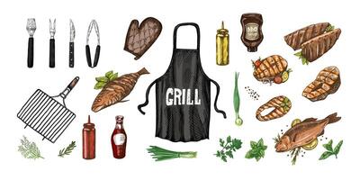 A set of hand-drawn colored sketches of barbecue and picnic elements, apron, barbecue grill, tools, grilled fish, fish steaks. For the design of menu of cafes. Doodle vintage illustration. vector