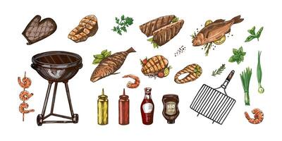 A set of hand-drawn colored sketches of barbecue and picnic elements, barbecue grill, tools, grilled fish, fish steaks. For the design of menu of cafes. Doodle vintage illustration. vector