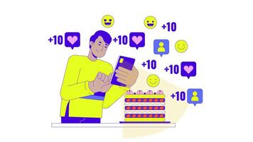 Food influencer man line 2D animation. Indian male taking picture of cake on phone 4K motion graphic. Social media viral content creator linear animated cartoon flat concept, white background video