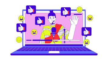 Popular blogger line 2D animation. Caucasian male podcaster waving hand on laptop 4K motion graphic. Social media popularity linear animated cartoon flat concept, white background video