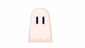 Small ghost floating line 2D character animation. Halloween party atmosphere flat color cartoon 4K , alpha channel. Spooky spirit costume for party animated personage on white background video