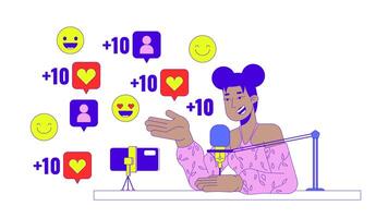 Popular podcaster talking into mic line 2D animation. Black female content creator shooting on phone 4K motion graphic. Social media linear animated cartoon flat concept, white background video