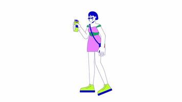 ofendido asiático mujer con agua botella línea 2d personaje animación. sed sensación plano color dibujos animados 4k , alfa canal. coreano hembra con reutilizable matraz animado persona en blanco antecedentes video