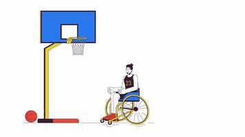 Disabled caucasian man throwing ball line 2D character animation. Sport with disability flat color cartoon 4K , alpha channel. Wheelchaired basketball player animated person on white background video