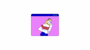 Surprised caucasian woman on web page line 2D animation. Emotional female internet user 4K motion graphic. Social network communication linear animated cartoon flat concept, white background video