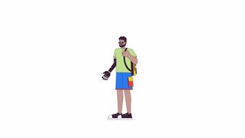 African american guy waving prosthetic hand line 2D character animation. Disability in life flat color cartoon 4K , alpha channel. Black male with prosthesis animated person on white background video